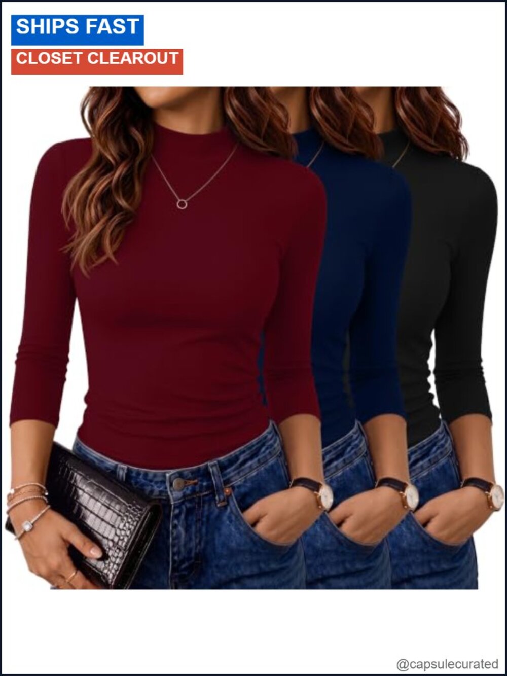 3 Pack Women's Mock Neck 3/4 Sleeve Tops Cotton Blend Stretch Pullover Layering